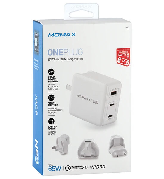 Momax ONEPlug 3-Port GaN Fast Charger 65W Ultra-Lightweight Universal (UM21) - White-0