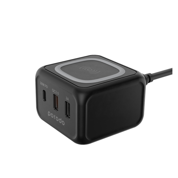 Porodo Desktop Charger with 3-Ports Fast Wireless Charger - Black-69233 Porodo Desktop Charger with 3-Ports Fast Wireless Charger - Black-69233