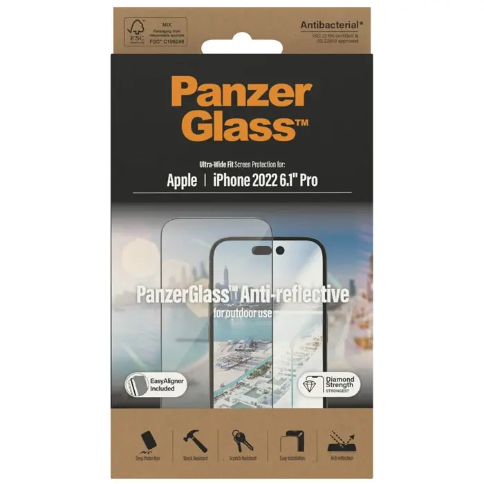 PanzerGlass iPhone 14 Pro (6.1inch) Antibacterial Tempered Glass, Ultra Wide Fit, Anti-Reflective-0 PanzerGlass iPhone 14 Pro (6.1inch) Antibacterial Tempered Glass, Ultra Wide Fit, Anti-Reflective-0