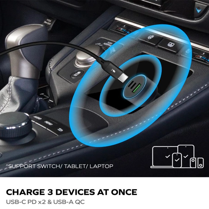 Momax Move 100W Triple-Port Car Charger - Space Grey-92104 Momax Move 100W Triple-Port Car Charger - Space Grey-92104