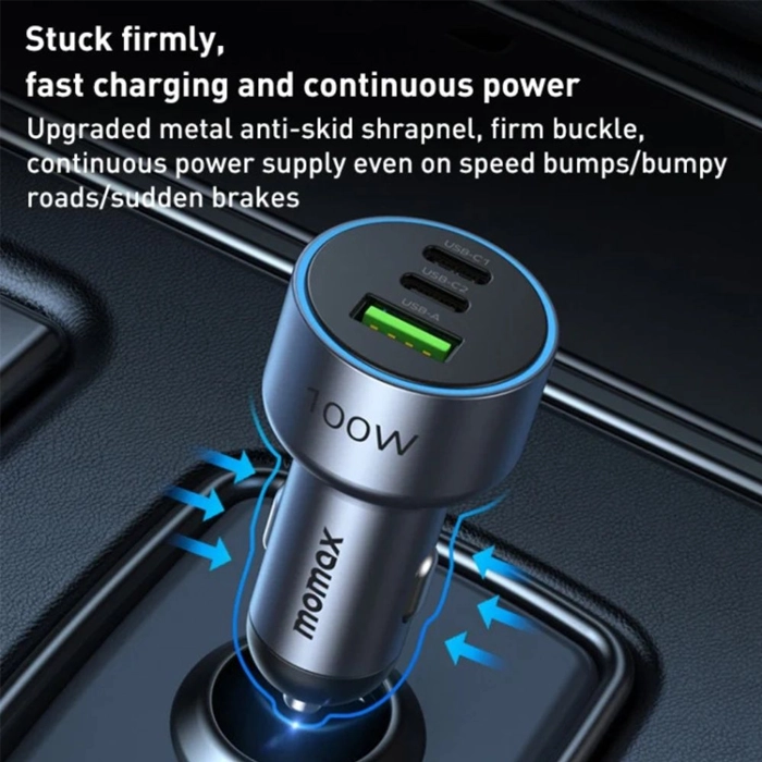 Momax Move 100W Triple-Port Car Charger - Space Grey-92105 Momax Move 100W Triple-Port Car Charger - Space Grey-92105