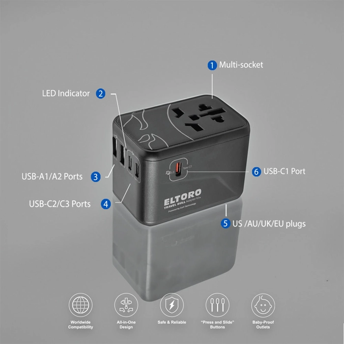 Eltoro 65W Travel Bull Adapter PD GaN Tech USB-A 2 Ports/USB-C 3 Ports - Black-100841 Eltoro 65W Travel Bull Adapter PD GaN Tech USB-A 2 Ports/USB-C 3 Ports - Black-100841