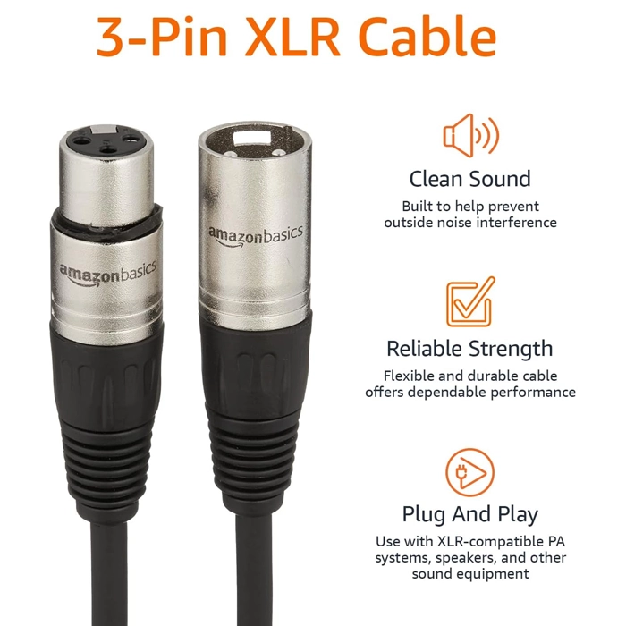 Amazon Basics 2-pack Xlr Microphone Cable Male To Female For Speaker Or Pa System, All Copper Conductors, 6mm Pvc Jacket, 15 Ft - Black-104744 Amazon Basics 2-pack Xlr Microphone Cable Male To Female For Speaker Or Pa System, All Copper Conductors, 6mm Pvc Jacket, 15 Ft - Black-104744