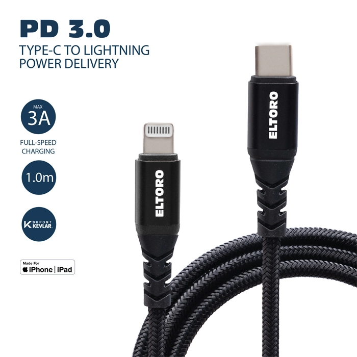 Eltoro Kevlar Cable Usb-c To Lightning 1m With Nylon Pp Yarn Jacket - Black-106522 Eltoro Kevlar Cable Usb-c To Lightning 1m With Nylon Pp Yarn Jacket - Black-106522