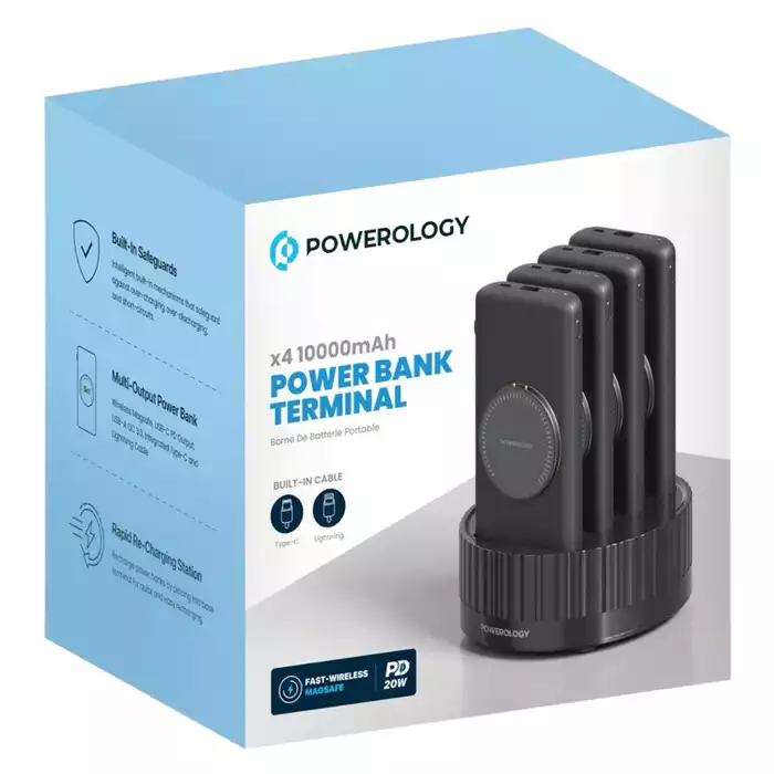 Powerology 4 In 1 Powerbank Terminal 10000 Mah, Built-in Cable - Magsafe - Black-111251 Powerology 4 In 1 Powerbank Terminal 10000 Mah, Built-in Cable - Magsafe - Black-111251