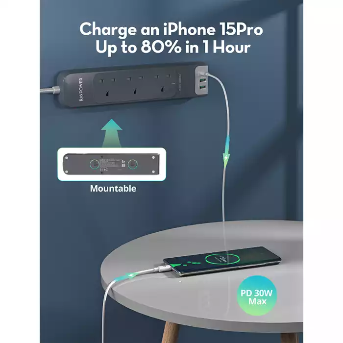 Ravpower Rp-pc1038 3 Outlets Power Strip Gray Uk Version 3m With Usb Port-112066 Ravpower Rp-pc1038 3 Outlets Power Strip Gray Uk Version 3m With Usb Port-112066