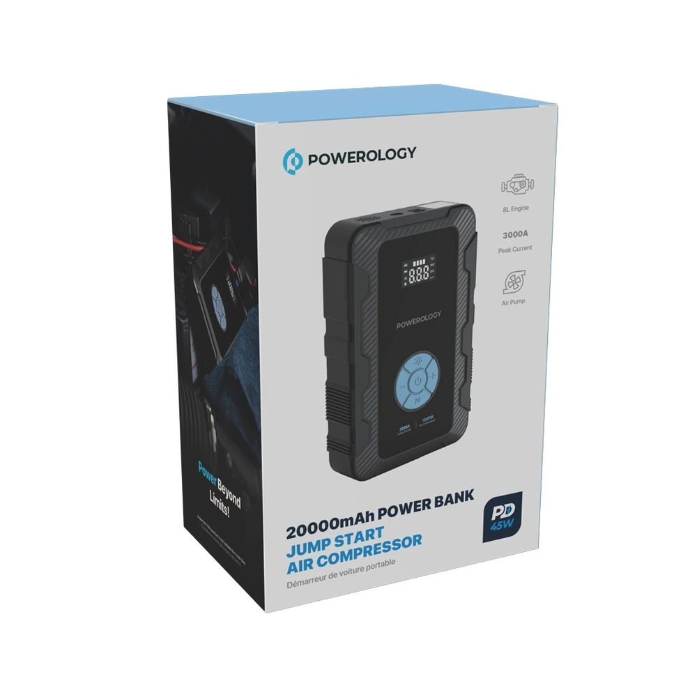 Powerology Jumpstart With Air Pump Pd45w 3000a Max Current 20000mah 160psi - Grey-120512 Powerology Jumpstart With Air Pump Pd45w 3000a Max Current 20000mah 160psi - Grey-120512