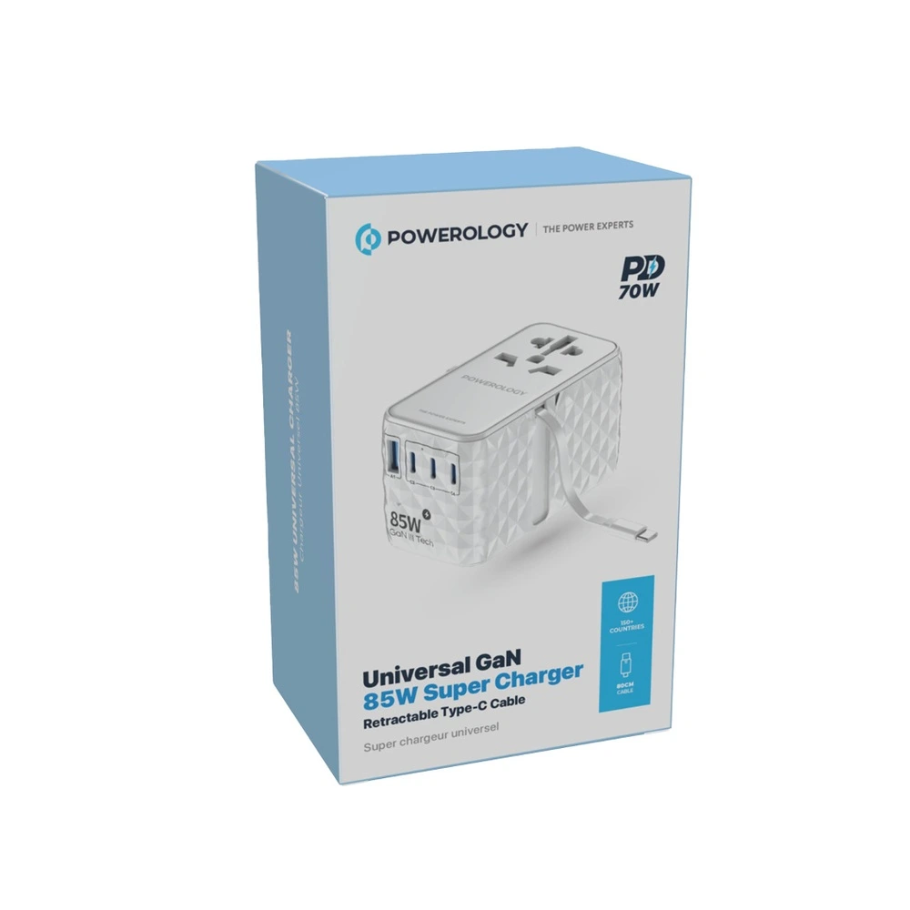 Powerology Universal Gan 85w Super Charger Retractable Type-c Cable - White-122719 Powerology Universal Gan 85w Super Charger Retractable Type-c Cable - White-122719