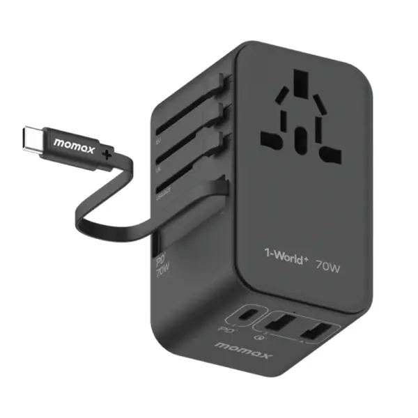 Momax World+ 3-ports Travel Charger Built-in Usb-c Cable (Gan 70w) - Black-0