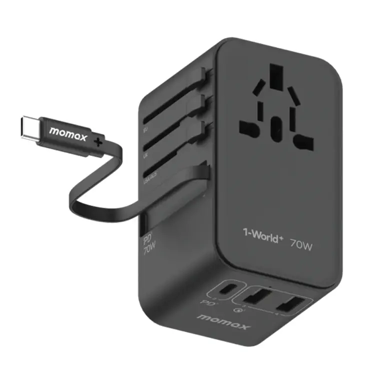 Momax World+ 3-ports Travel Charger Built-in Usb-c Cable (Gan 70w) - Black-0
