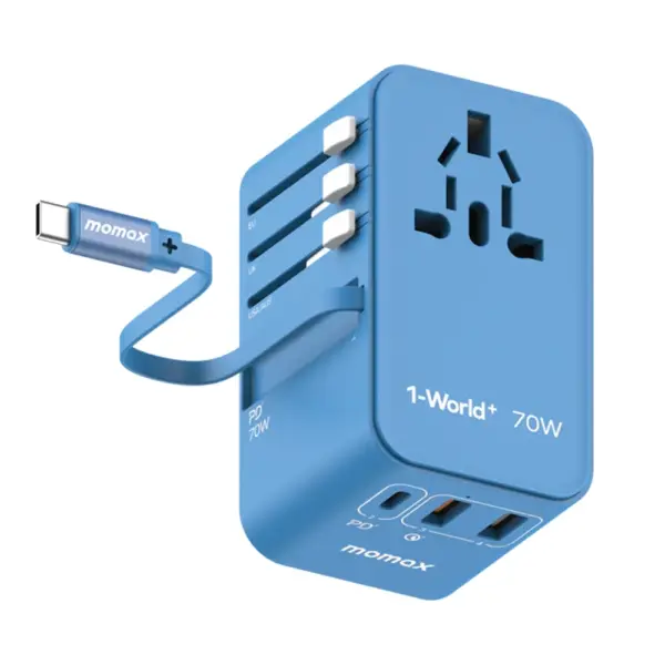 Momax World+ 3-ports Travel Charger Built-in Usb-c Cable (Gan 70w) - Blue-0