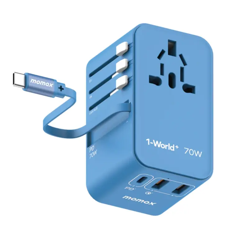 Momax World+ 3-ports Travel Charger Built-in Usb-c Cable (Gan 70w) - Blue-0