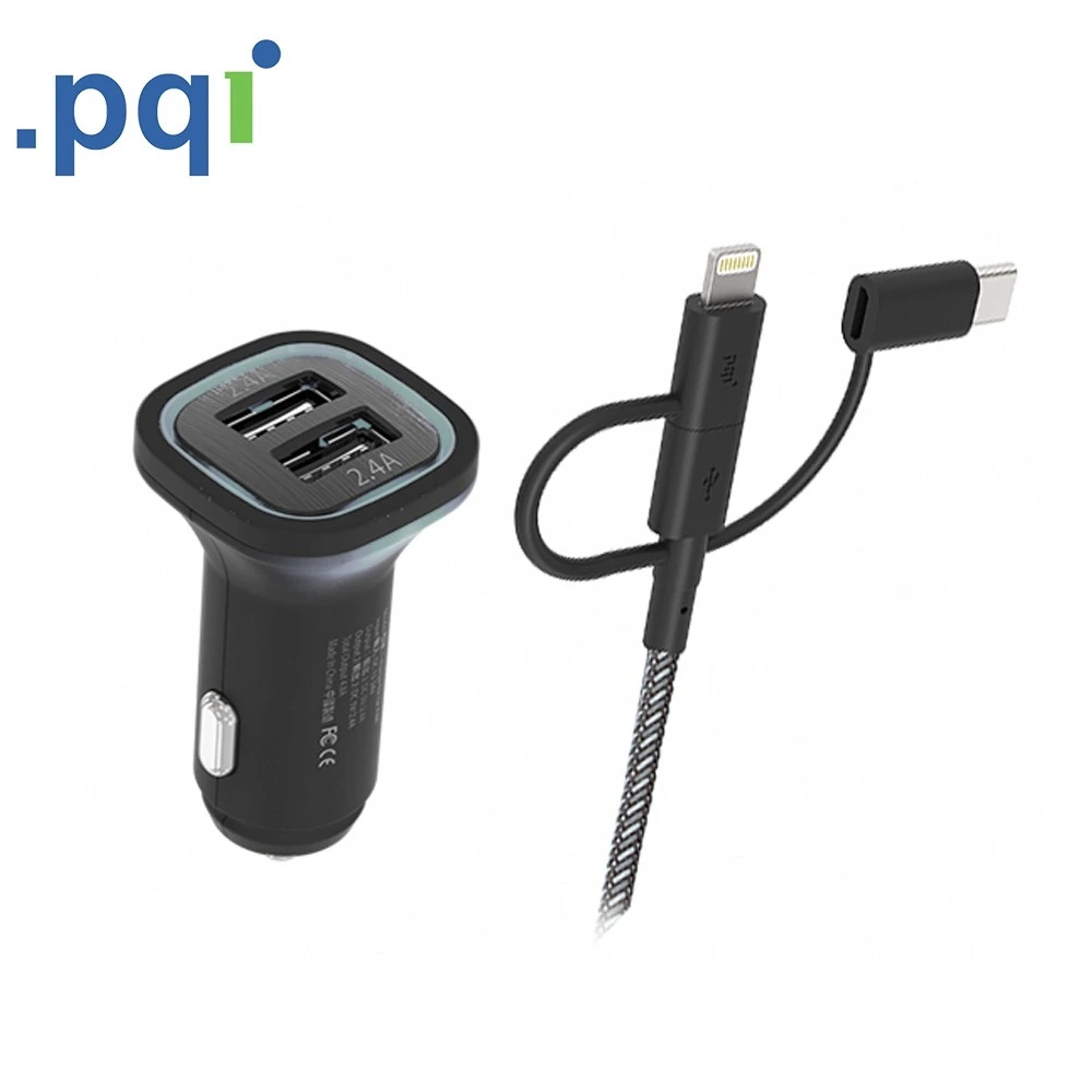 PQI i-Chager for car 4.8A (dual output rapid car charger set with three-in-one transmission braided cable 180cm)-127434 PQI i-Chager for car 4.8A (dual output rapid car charger set with three-in-one transmission braided cable 180cm)-127434