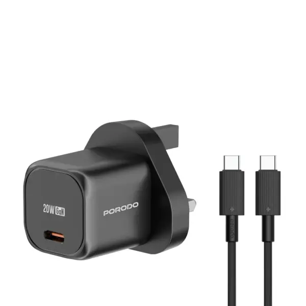 Porodo Pd 20w Usb-c Output Uk Fast Charger With Usb-c To Usb-c Cable - Black-0