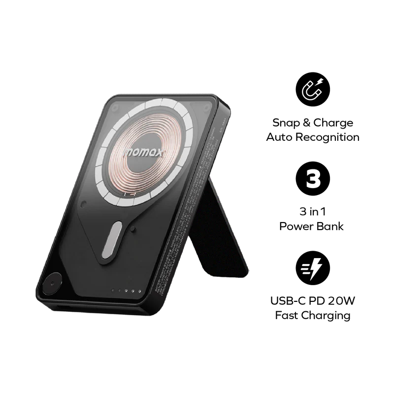 Momax 1-power X Pro Magnetic Wireless Power Bank 5000mah With Built-in Usb-c Cable - Black-135446 Momax 1-power X Pro Magnetic Wireless Power Bank 5000mah With Built-in Usb-c Cable - Black-135446