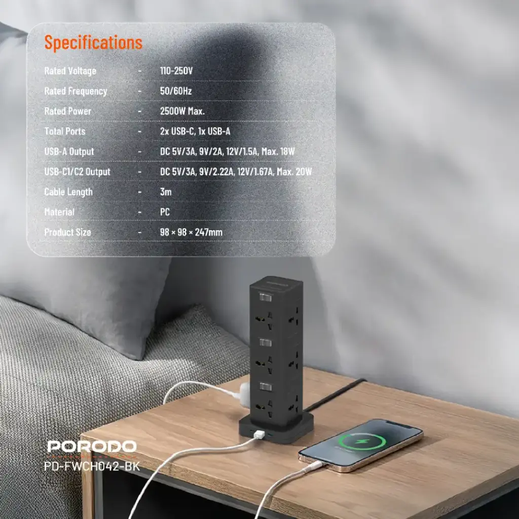 Porodo Three-story 12ac Power Hub With Usb-c Pd & Quick Charge 3.0 - Black-137803 Porodo Three-story 12ac Power Hub With Usb-c Pd & Quick Charge 3.0 - Black-137803