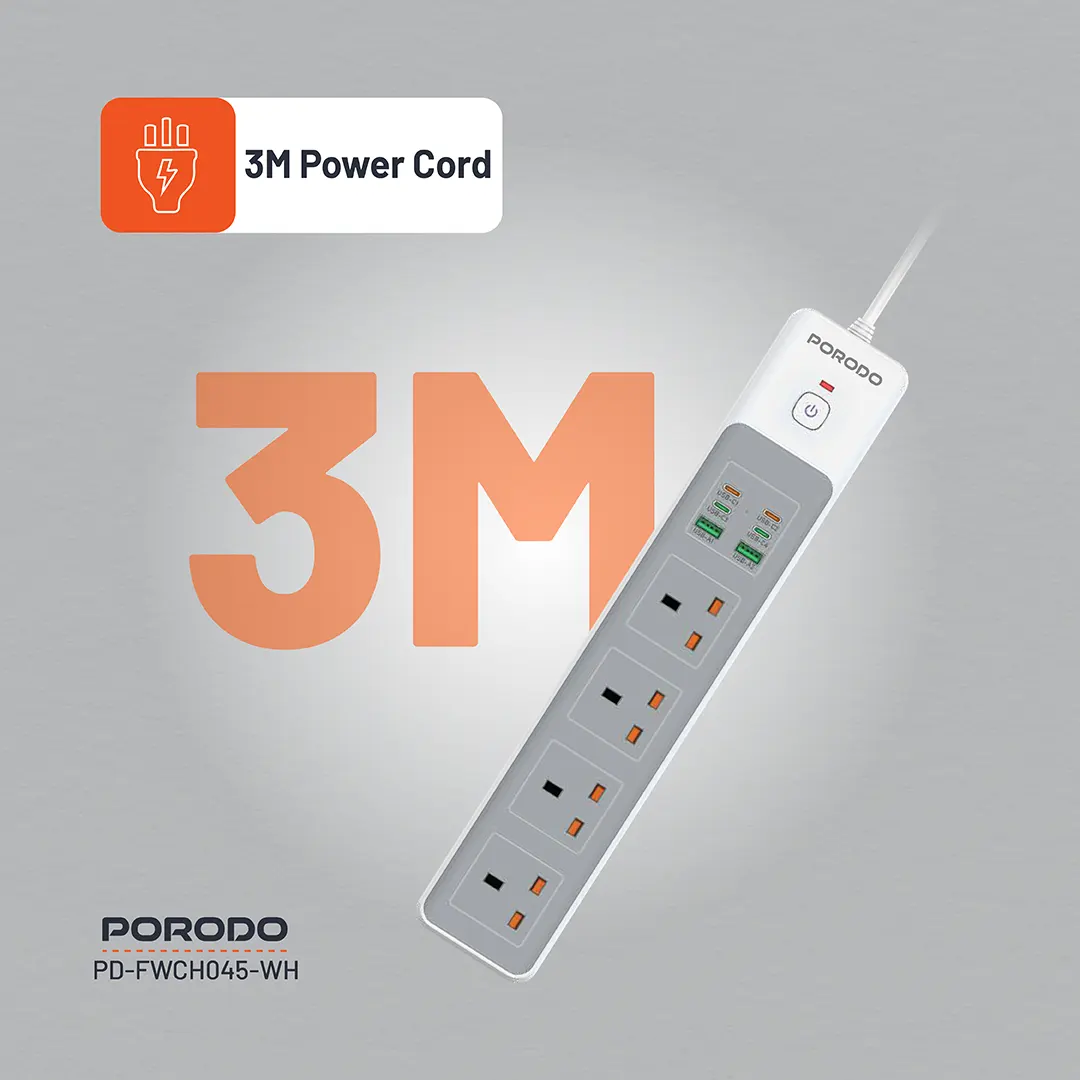 Porodo 4AC 65W 3000W Power Strip - White-139043 Porodo 4AC 65W 3000W Power Strip - White-139043
