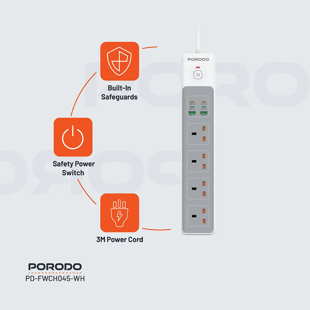 Porodo 4AC 65W 3000W Power Strip - White-139045 Porodo 4AC 65W 3000W Power Strip - White-139045