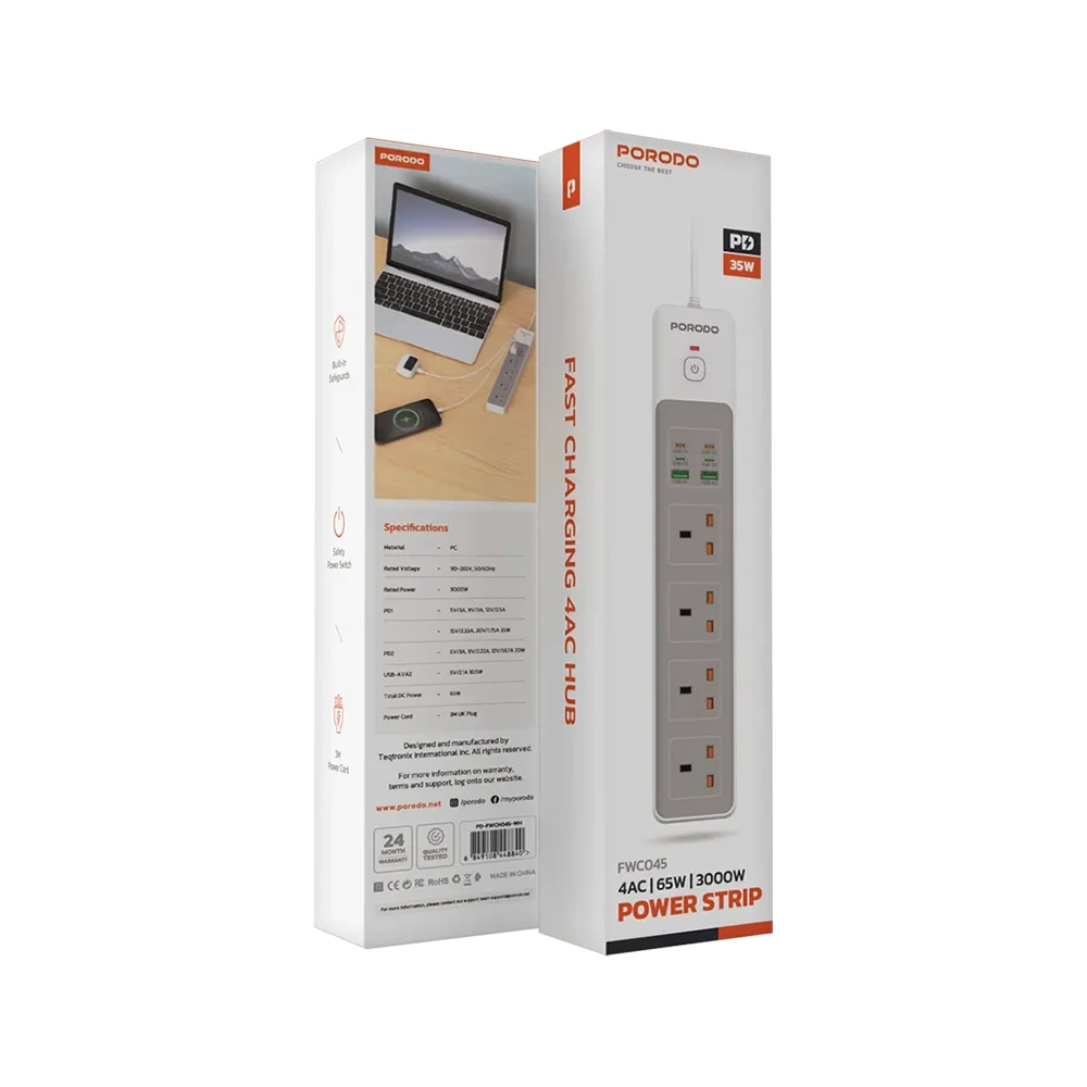 Porodo 4AC 65W 3000W Power Strip - White-139042 Porodo 4AC 65W 3000W Power Strip - White-139042