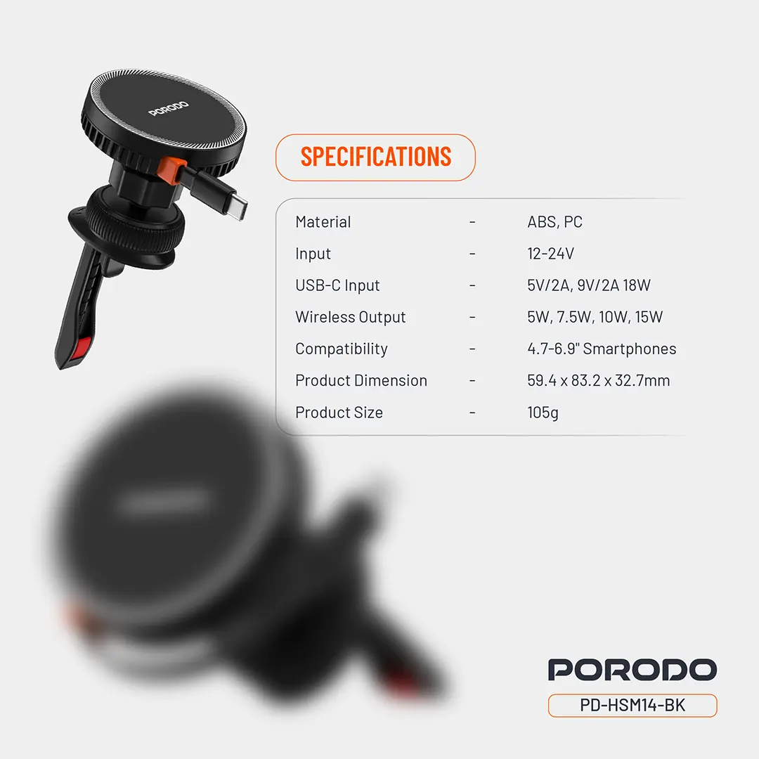 Porodo HS14 MagSafe Charger Retractable Type-C - Black-139473 Porodo HS14 MagSafe Charger Retractable Type-C - Black-139473