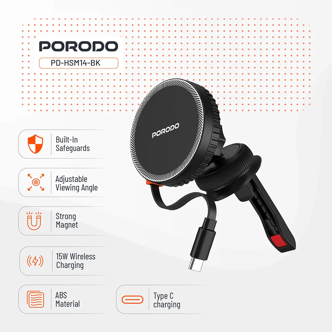 Porodo HS14 MagSafe Charger Retractable Type-C - Black-139474 Porodo HS14 MagSafe Charger Retractable Type-C - Black-139474