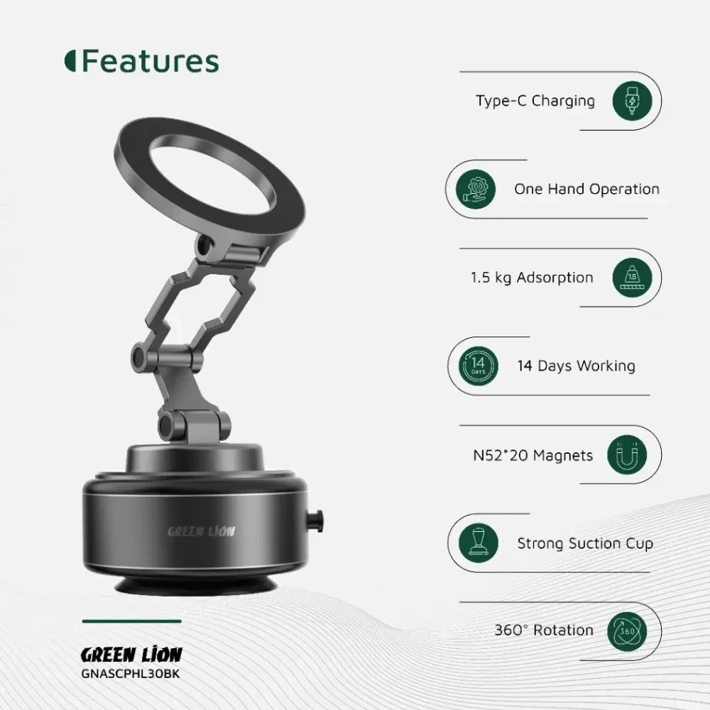 Green Lion GX-30 Auto Suction Phone Holder - Matte Black-139588 Green Lion GX-30 Auto Suction Phone Holder - Matte Black-139588