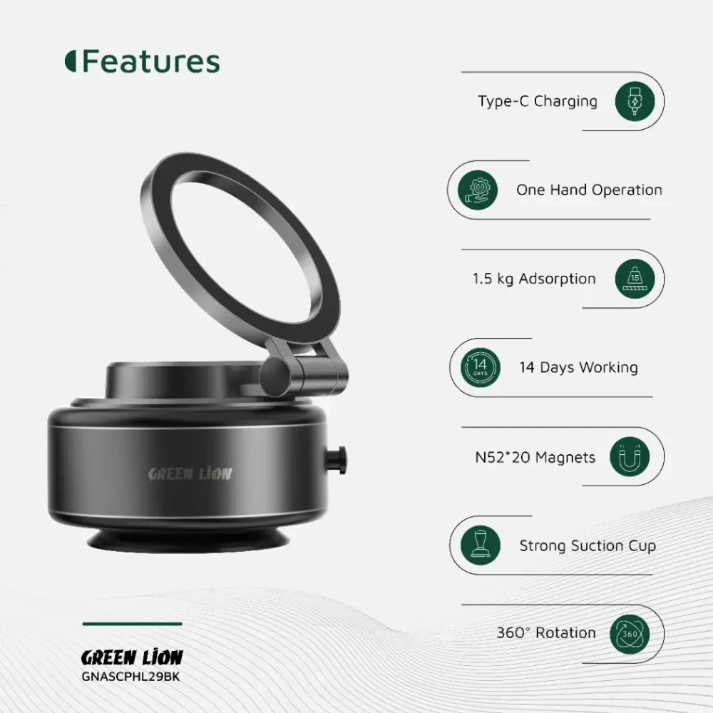 Green Lion GX-29 Auto Suction Phone Holder - Matte Black-139603 Green Lion GX-29 Auto Suction Phone Holder - Matte Black-139603