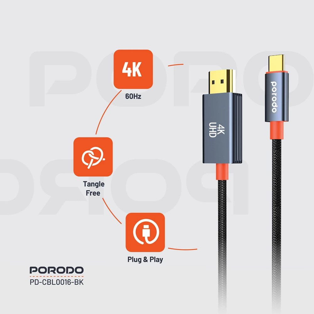 Porodo Woven Cable Type-c To Hdmi - Black-0 Porodo Woven Cable Type-c To Hdmi - Black-0