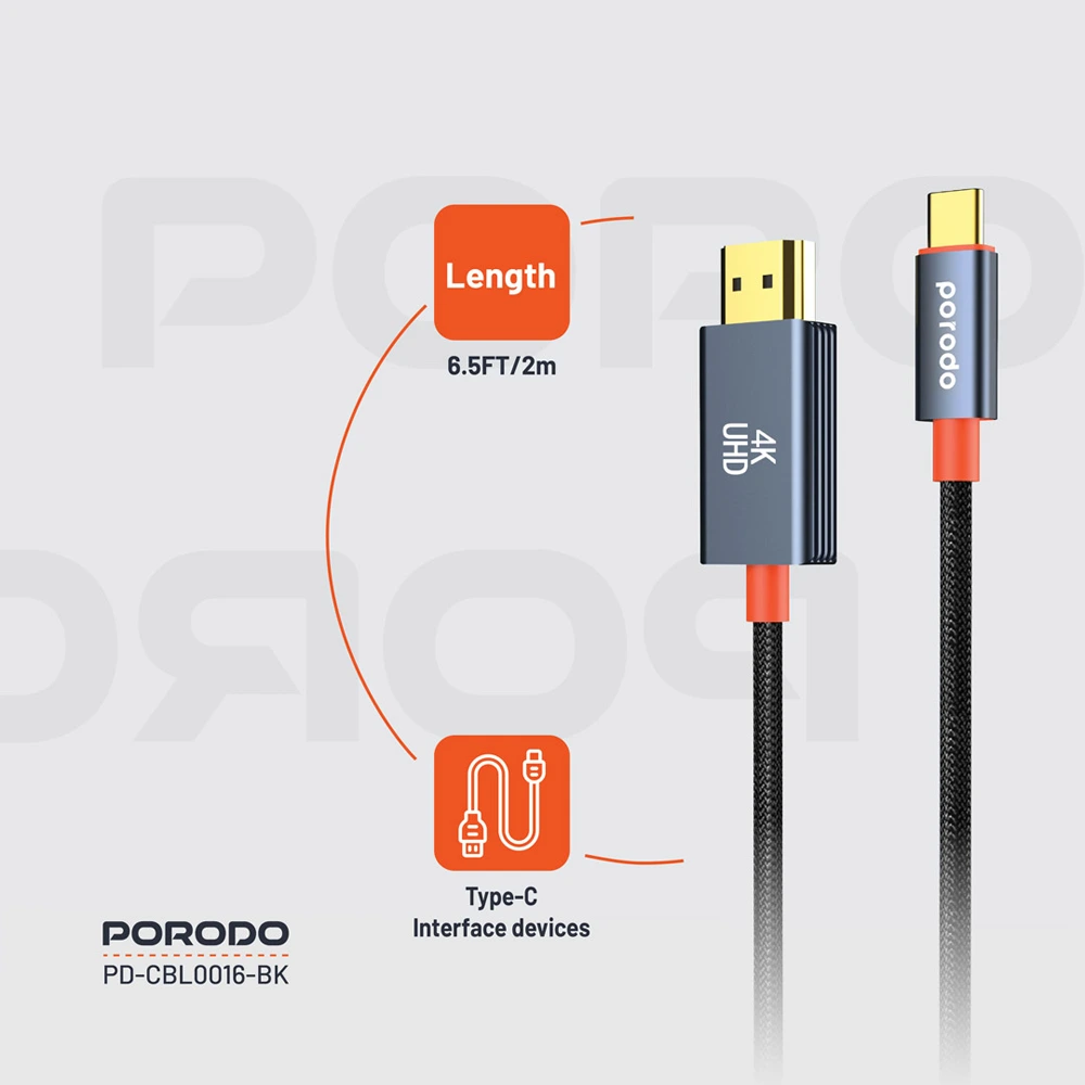 Porodo Woven Cable Type-c To Hdmi - Black-142583 Porodo Woven Cable Type-c To Hdmi - Black-142583