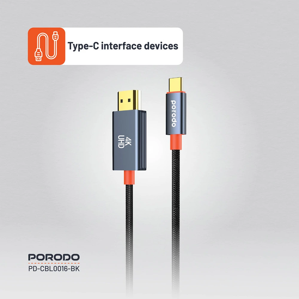Porodo Woven Cable Type-c To Hdmi - Black-142584 Porodo Woven Cable Type-c To Hdmi - Black-142584