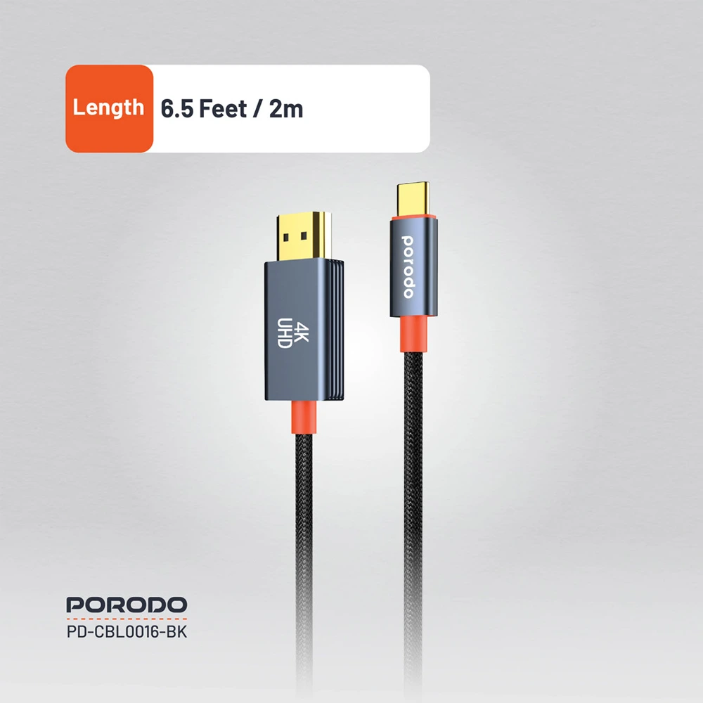 Porodo Woven Cable Type-c To Hdmi - Black-142585 Porodo Woven Cable Type-c To Hdmi - Black-142585