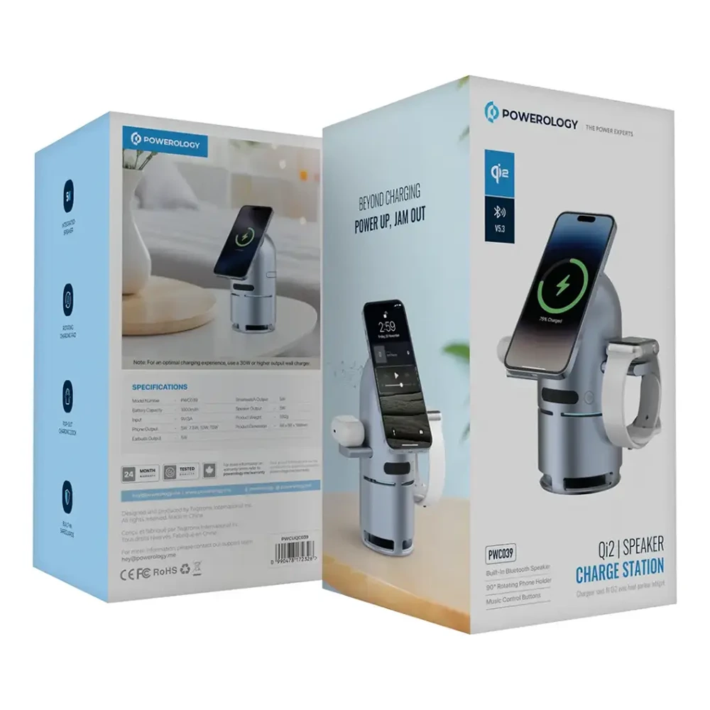 Powerology Qi2 Speaker Charge Station - Gray-142338 Powerology Qi2 Speaker Charge Station - Gray-142338