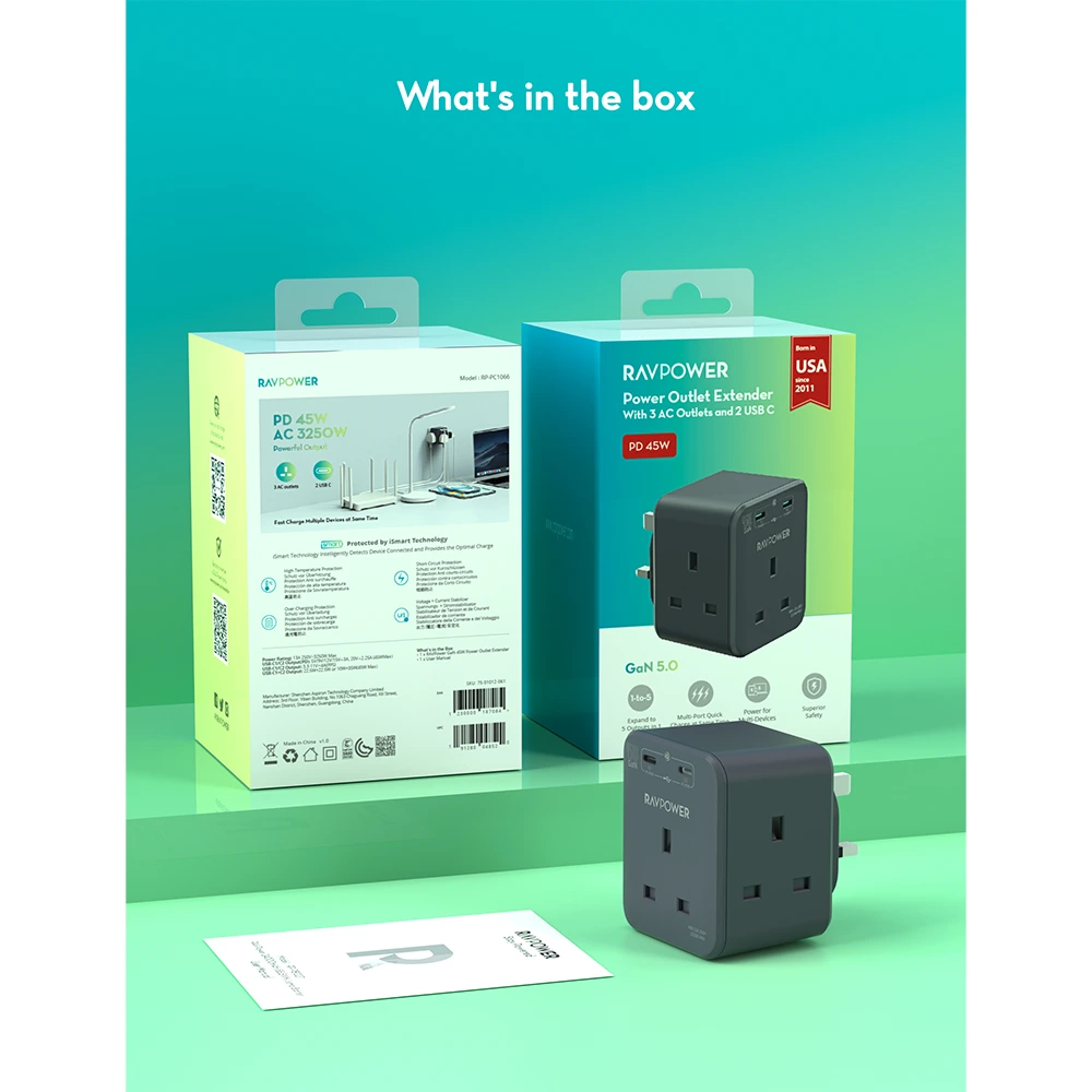 RAVPower RP‑PC1066 GaN 45W Power Outlet Extender-142505 RAVPower RP‑PC1066 GaN 45W Power Outlet Extender-142505