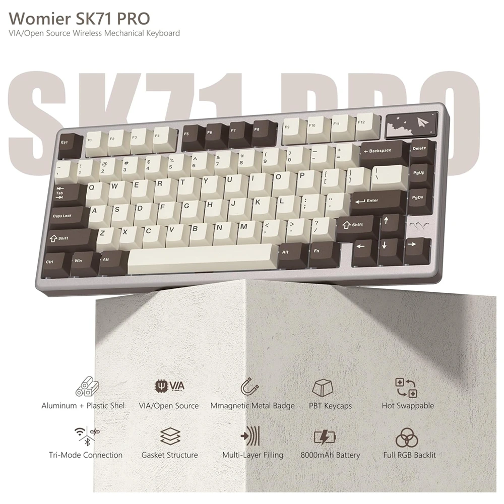 Womier SK71 Pro – 75% Wireless Aluminum Mechanical Keyboard with VIA Support - Desert with POM Vanilla switches-142885 Womier SK71 Pro – 75% Wireless Aluminum Mechanical Keyboard with VIA Support - Desert with POM Vanilla switches-142885