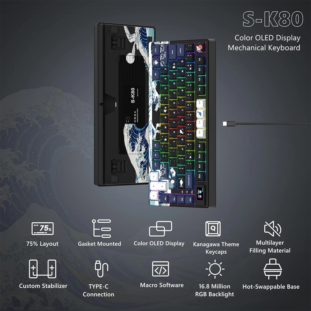 Womier SK80 Gasket-Mounted 75% Mechanical Keyboard with Multimedia Display - Black Kanagawa (English/Arabic)-143091 Womier SK80 Gasket-Mounted 75% Mechanical Keyboard with Multimedia Display - Black Kanagawa (English/Arabic)-143091