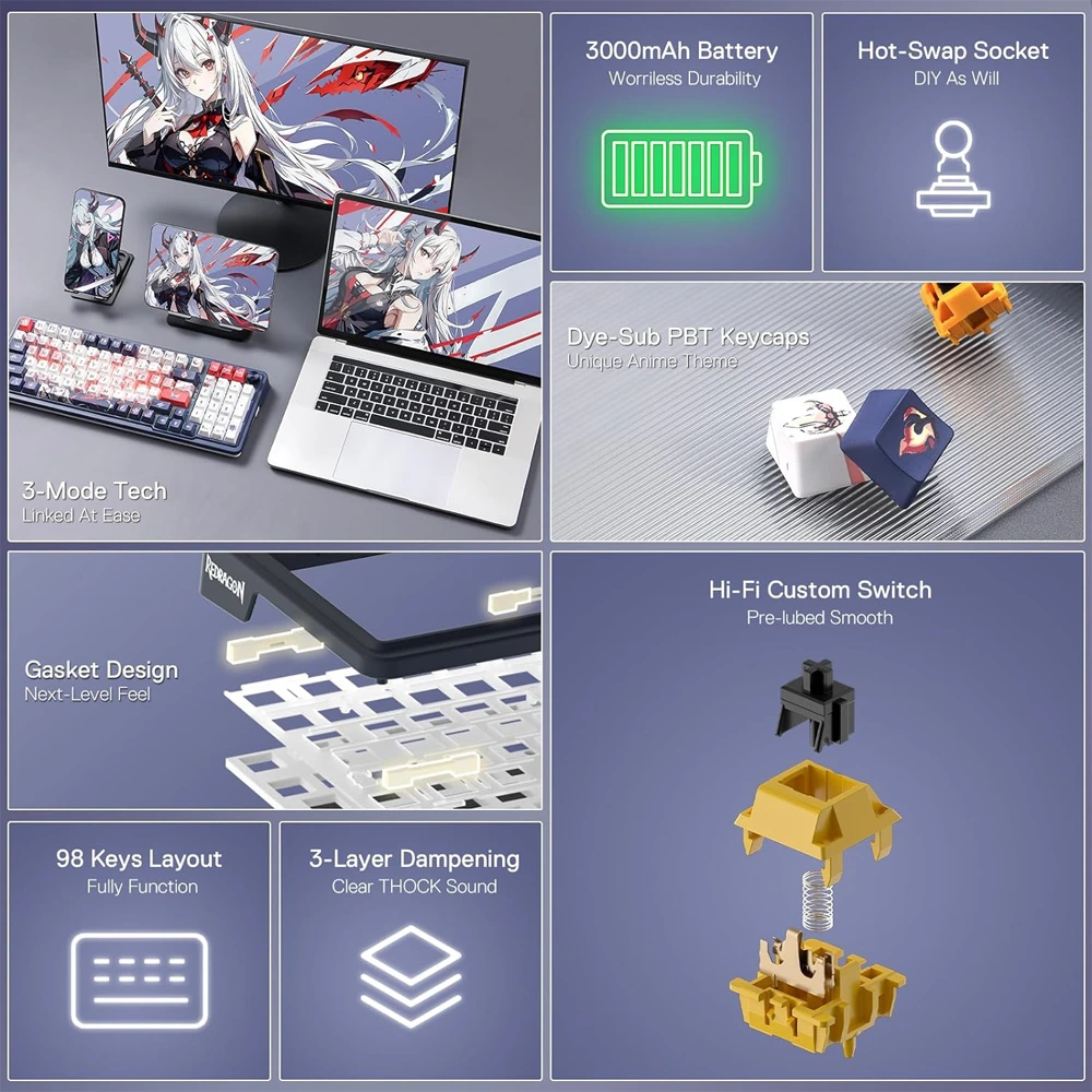 Redragon Eisa Pro 3-Modes 98 Keys Gasket Hot-Swappable RGB Mechanical Gaming Keyboard With Linear Mechanical Switches - Blue/White-144167 Redragon Eisa Pro 3-Modes 98 Keys Gasket Hot-Swappable RGB Mechanical Gaming Keyboard With Linear Mechanical Switches - Blue/White-144167