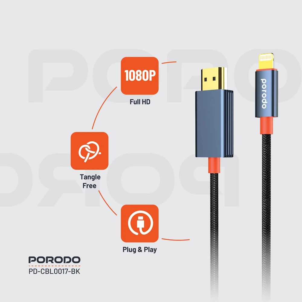 Porodo Woven Cable Lightning to HDMI - Black-144308 Porodo Woven Cable Lightning to HDMI - Black-144308