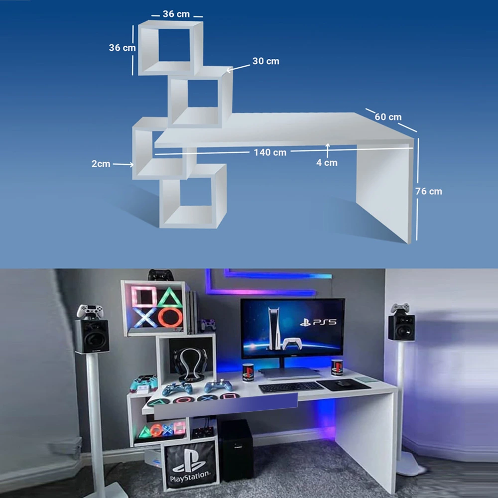 Gaming Desk With Detachable Cube Shelves – White-144443 Gaming Desk With Detachable Cube Shelves – White-144443