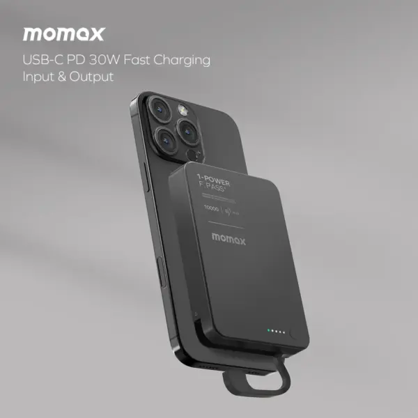 Momax 1-power F.pass⁺ 10000mah Magnetic Battery Pack With Built-in Cable - Black-0