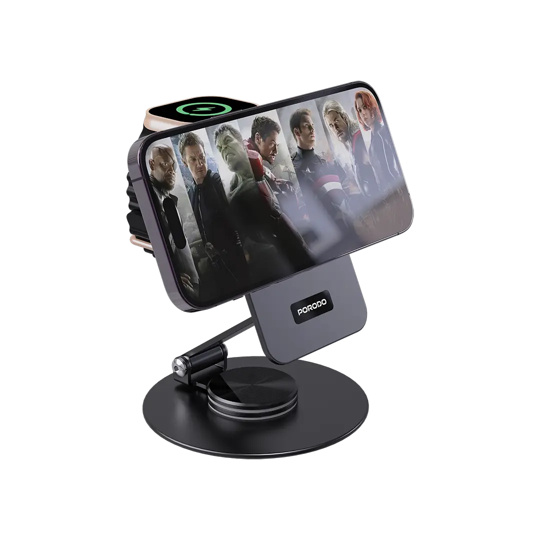 Porodo Wireless Charging Rotating Stand - Black-145675 Porodo Wireless Charging Rotating Stand - Black-145675
