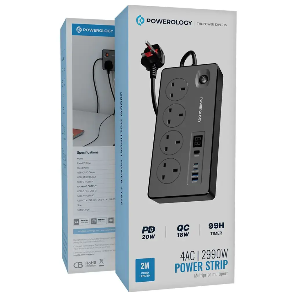 Powerology 4AC 2990W Power Strip - Black-145245 Powerology 4AC 2990W Power Strip - Black-145245
