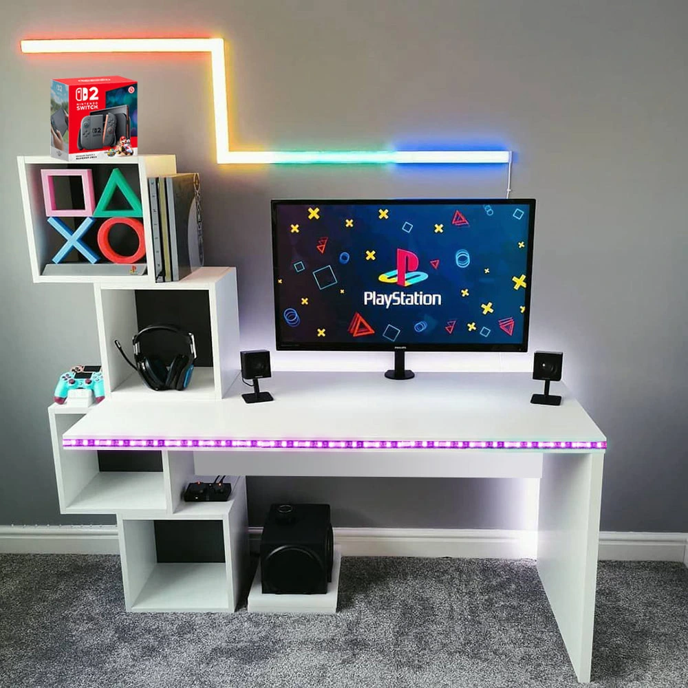 Gaming Desk With Detachable Cube Shelves RGB – White-0 Gaming Desk With Detachable Cube Shelves RGB – White-0
