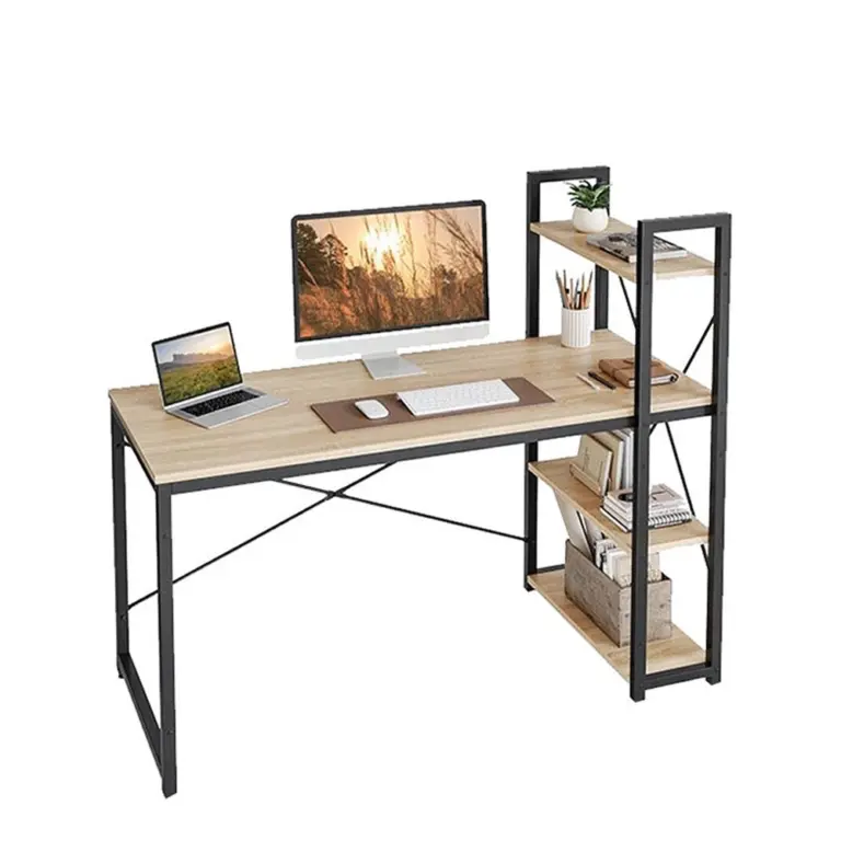 Modern Industrial Desk with 4-Tier Storage Shelves – Wood and Metal Workstation-0