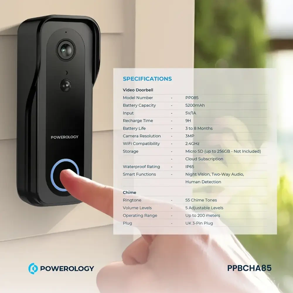 Powerology Smart Doorbell Camera - Black-145584 Powerology Smart Doorbell Camera - Black-145584