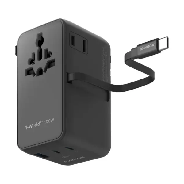 Momax 1-World²⁺ 4-Port Mini Universal Travel GaN Charger with Built-In Retractable Cable 100W with Dual AC - Black-0