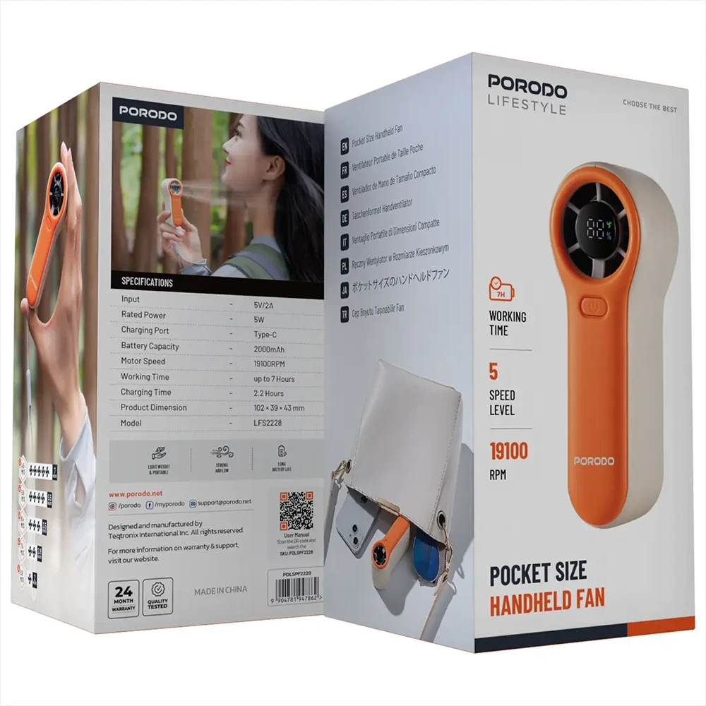 Porodo Lifestyle Pocket Size Handheld Fan - White/Orange-146281 Porodo Lifestyle Pocket Size Handheld Fan - White/Orange-146281