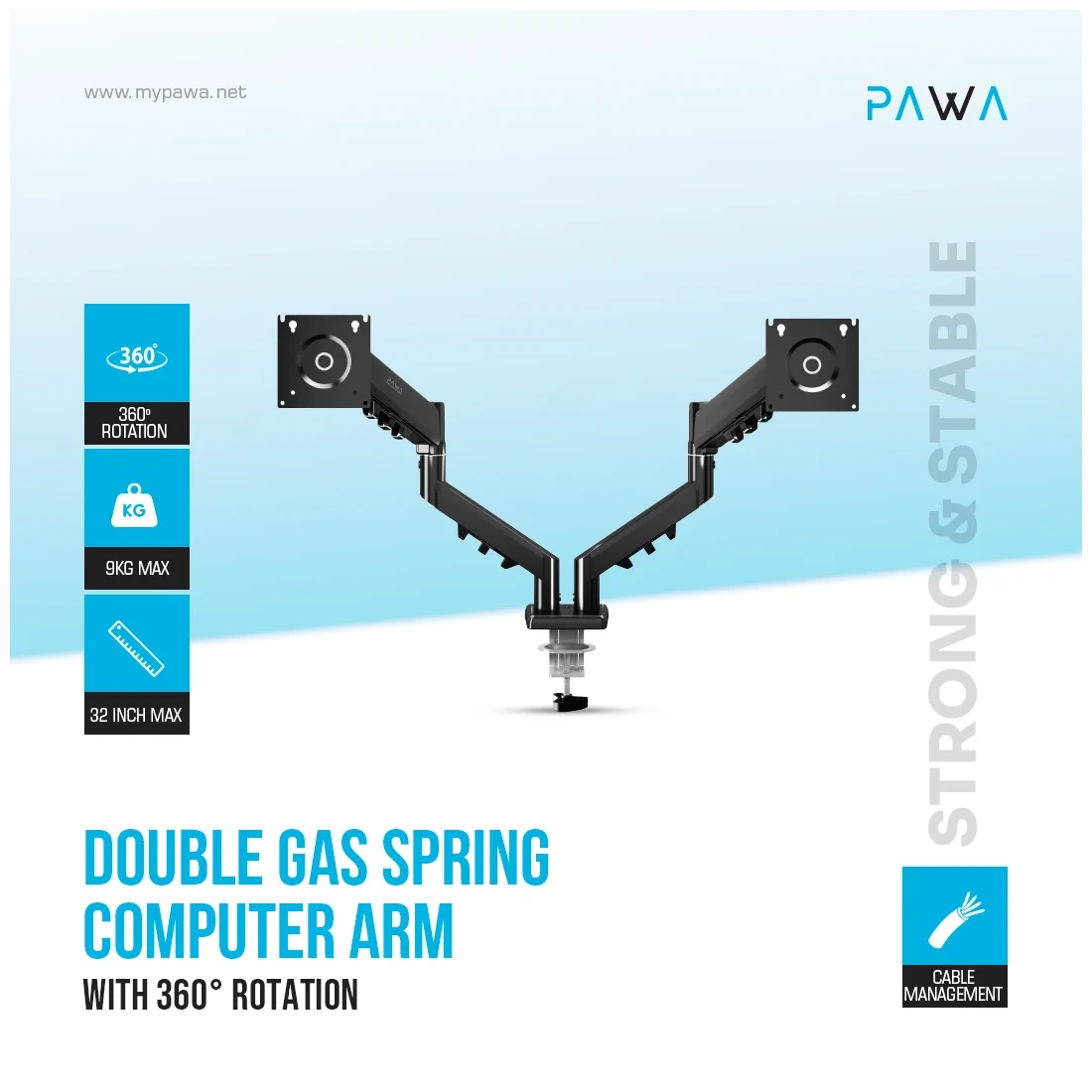 Pawa Double Gas Spring Computer Arm With 360º Rotation - Black-148144 Pawa Double Gas Spring Computer Arm With 360º Rotation - Black-148144