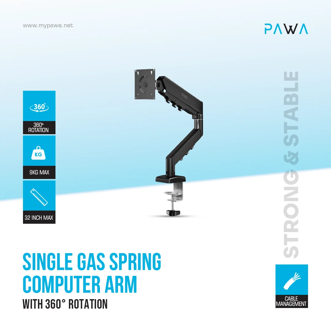 Pawa Single Gas Spring Computer Arm With 360º Rotation - Black-148229 Pawa Single Gas Spring Computer Arm With 360º Rotation - Black-148229