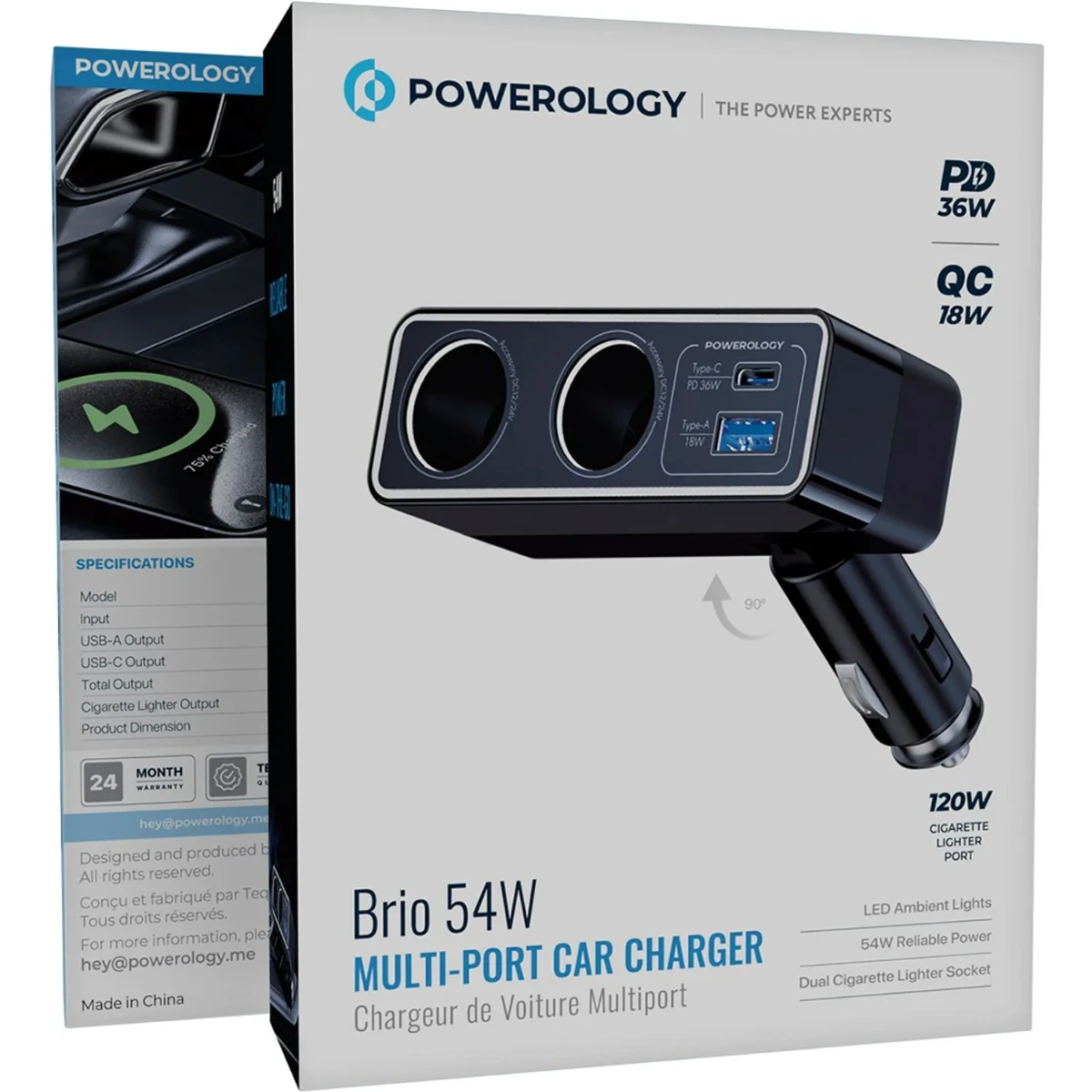 Powerology Brio 54w Multi-port Car Charger - Black-147275 Powerology Brio 54w Multi-port Car Charger - Black-147275