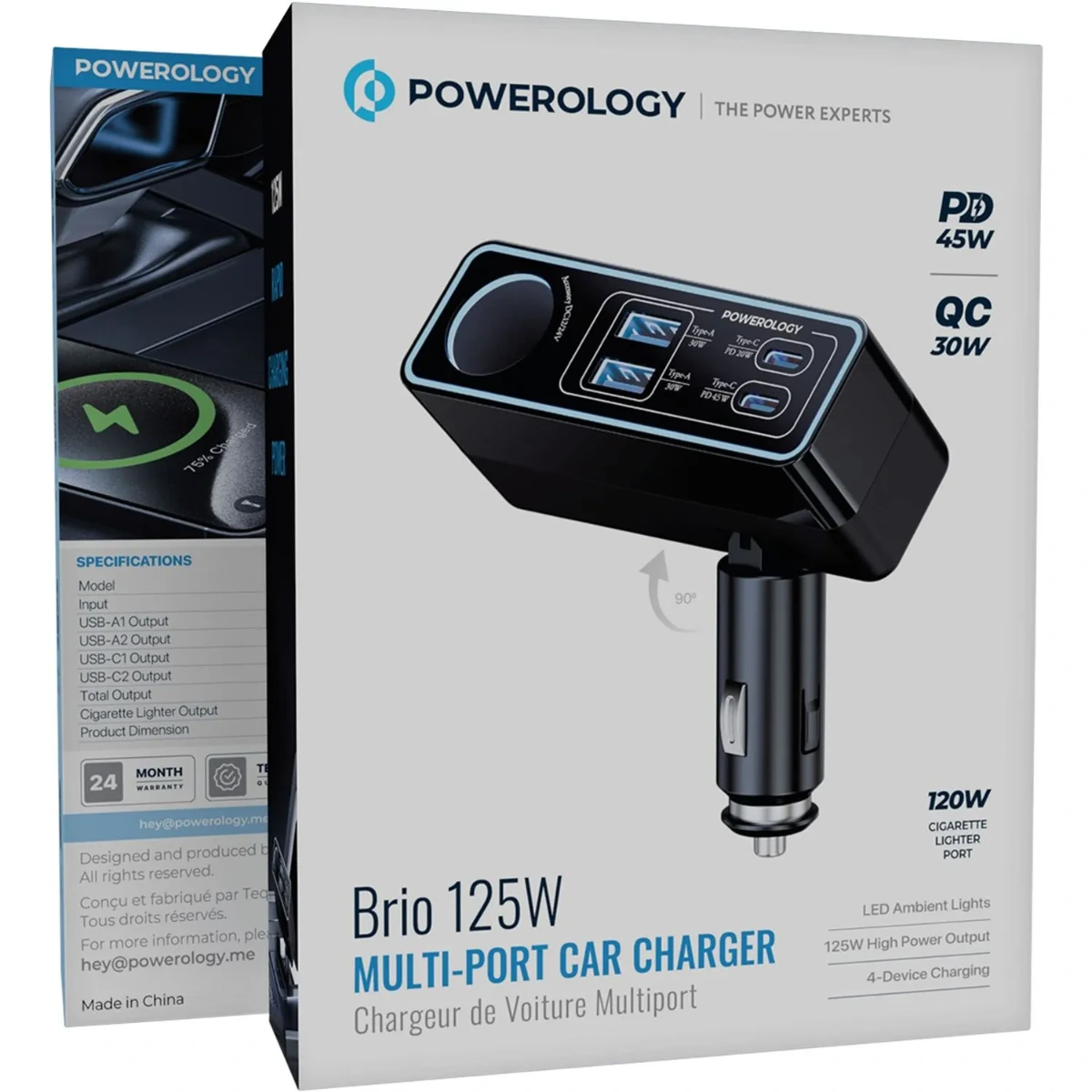 Powerology Brio 125w Multi-port Car Charger - Black-147282 Powerology Brio 125w Multi-port Car Charger - Black-147282